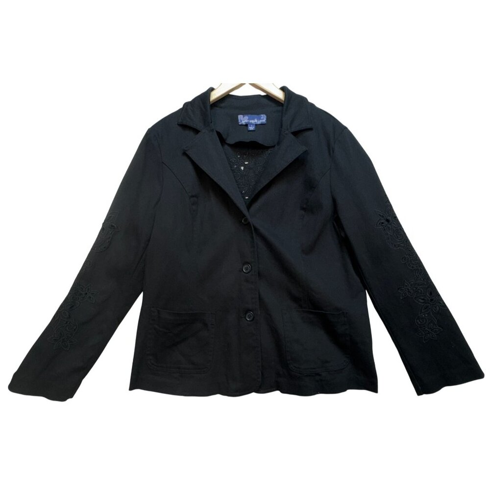 Susan Graver Style Womens Embroidered Blazer Jacket Denim Sz L Black Long Sleeve
